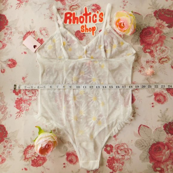 SOLD NWT Mesh Daisy Embroidered French Bodysuit - Picture 2 of 8